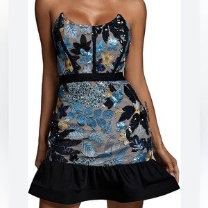 BELLA BARNETT LIWISY BLUE SEQUIN FLORAL MESH STRAPLESS RUFFLE HEM MINI DRESS L
